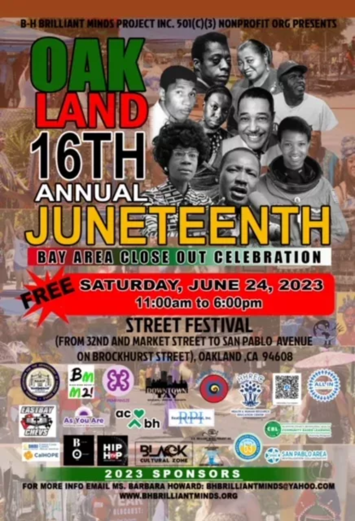 Oakland 16th Annual Juneteenth Celebration Flyer with red black and oragne text, sponsors, black and white images of Black American figures such as James Baldwin, Shirley Chisholm, and more