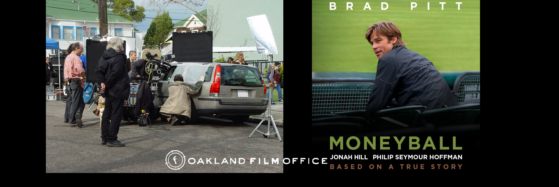 Photo from an Oakland City street film shoot and Moneyball poster Oakland Film Office website page header collage